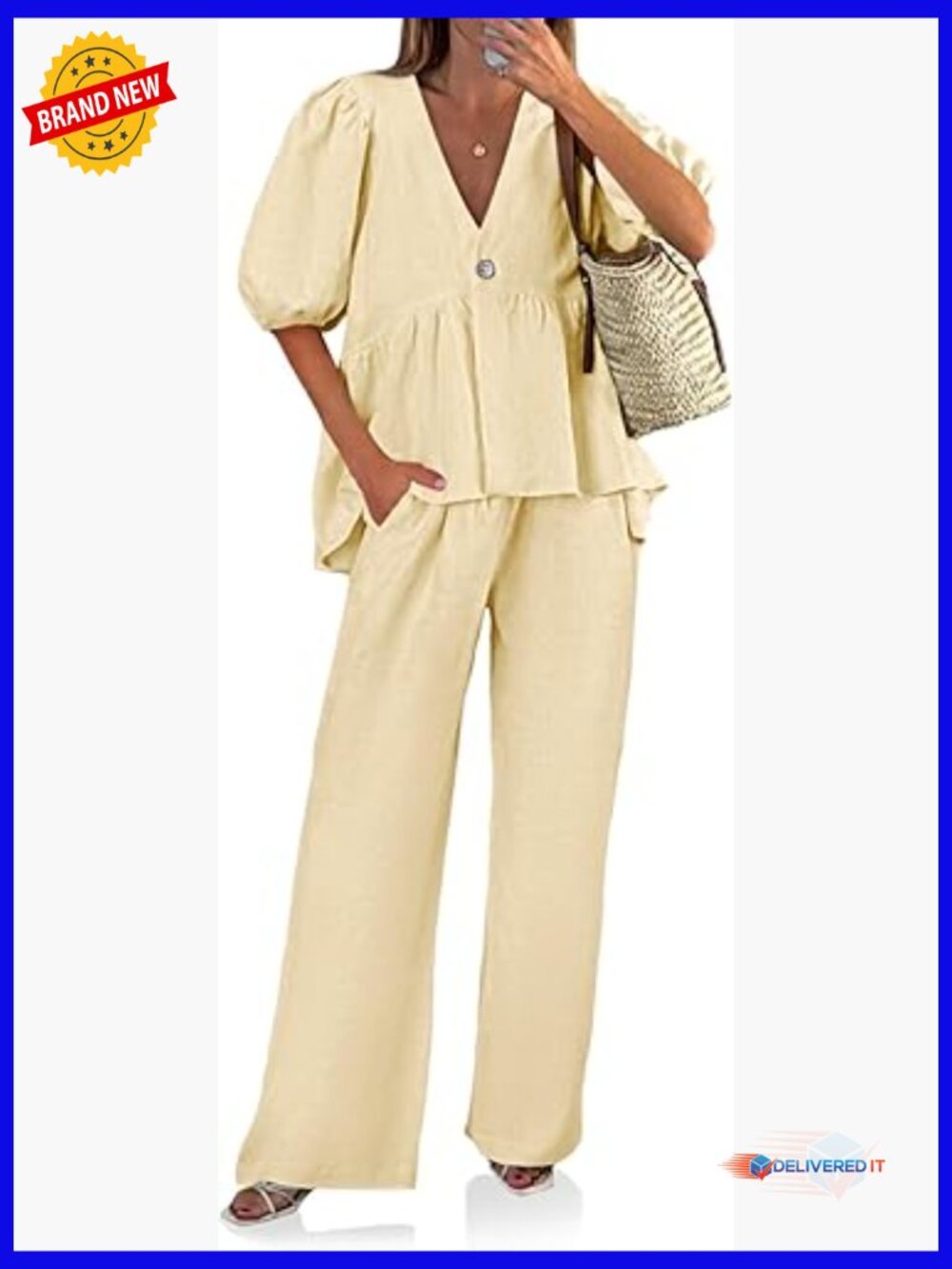 2 Piece Linen Set - V Neck Puff Sleeve Babydoll Top & Wide Leg Pants